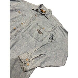 VTG Harley Davidson Shirt Men Blue Denim Button Down Long Sleeve Pockets Size M